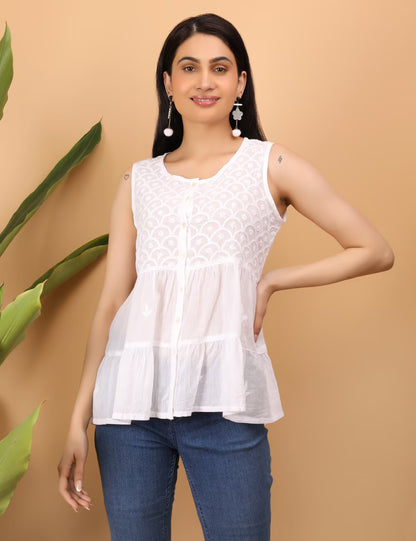 Shwet Women White Chikankari Sleevless Tier Top - Shwet Artistry