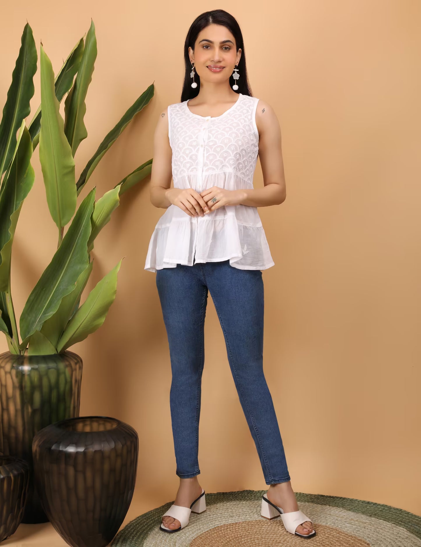Shwet Women White Chikankari Sleevless Tier Top - Shwet Artistry