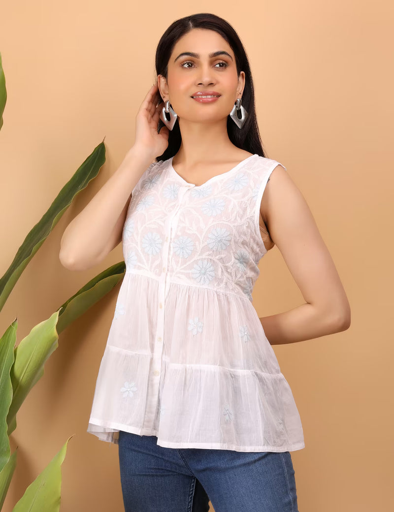 Shwet White Hand Embroidered Chikankari Tier top - Shwet Artistry