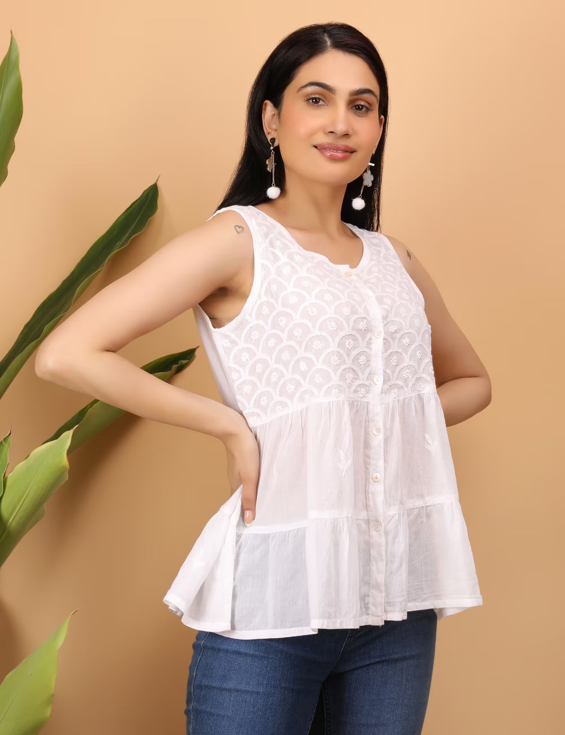 Shwet Women White Chikankari Sleevless Tier Top - Shwet Artistry