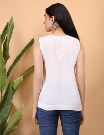Shwet Women White Chikankari Sleevless Yoke Top - Shwet Artistry