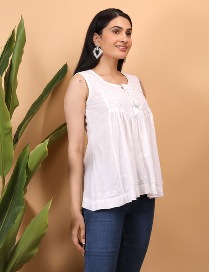 Shwet Women White Chikankari Sleevless Yoke Top - Shwet Artistry