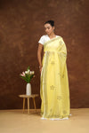 Woman in a yellow saree with a white background