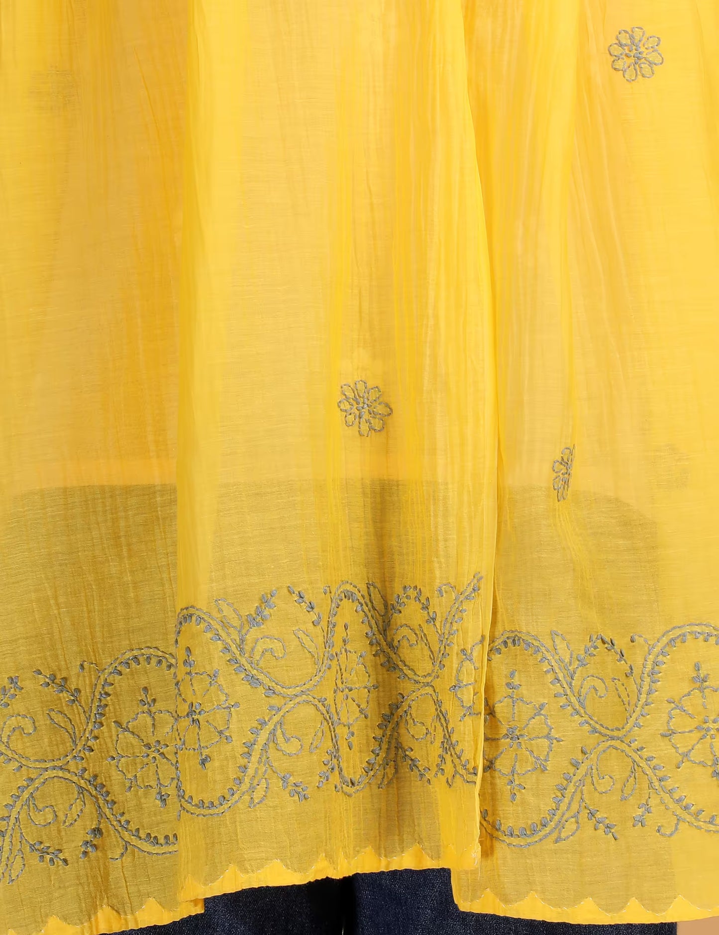 Yellow fabric with intricate blue Hand Embroidered Chikankari