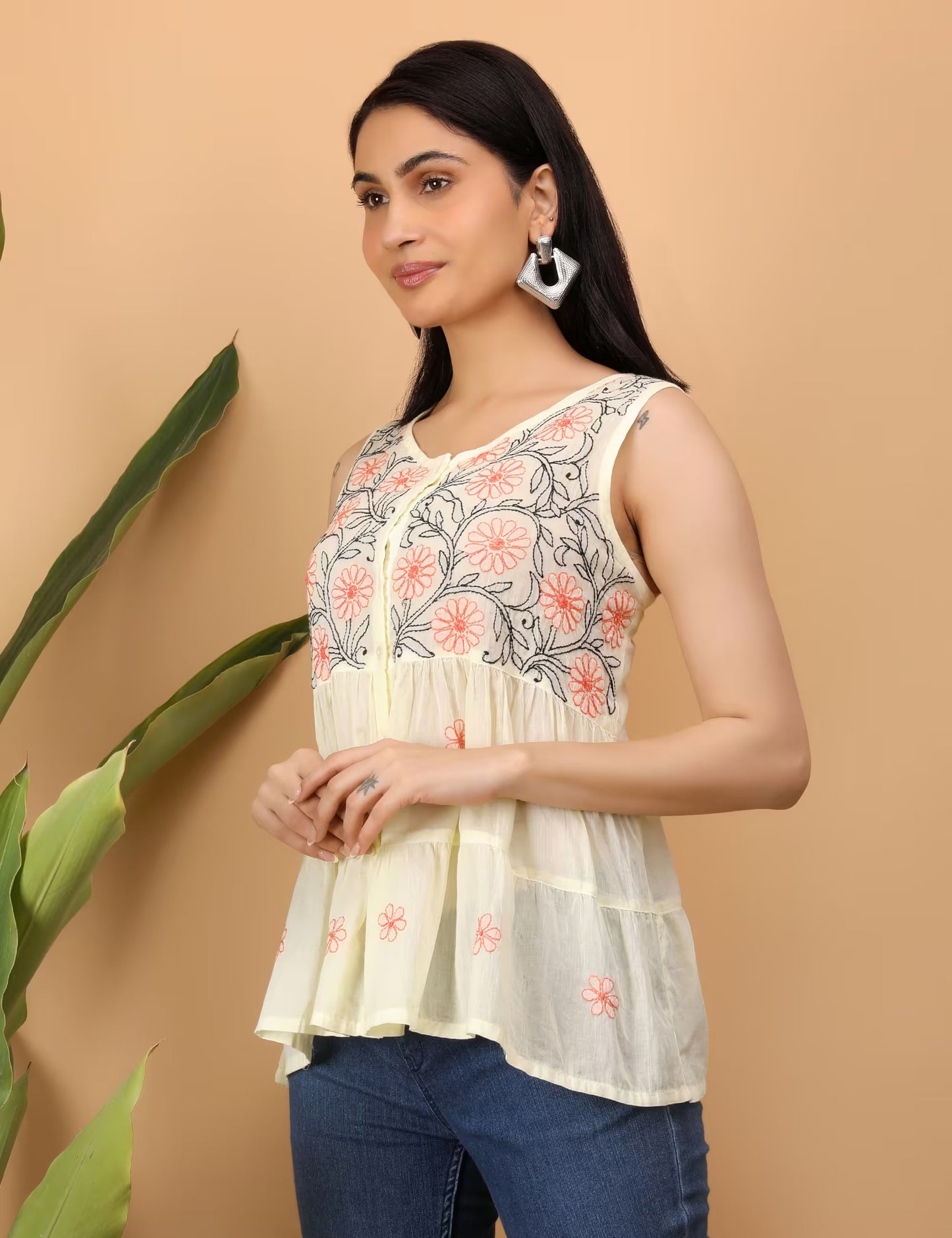 Shwet Women Yellow Chikankari Sleevless Tier Top - Shwet Artistry