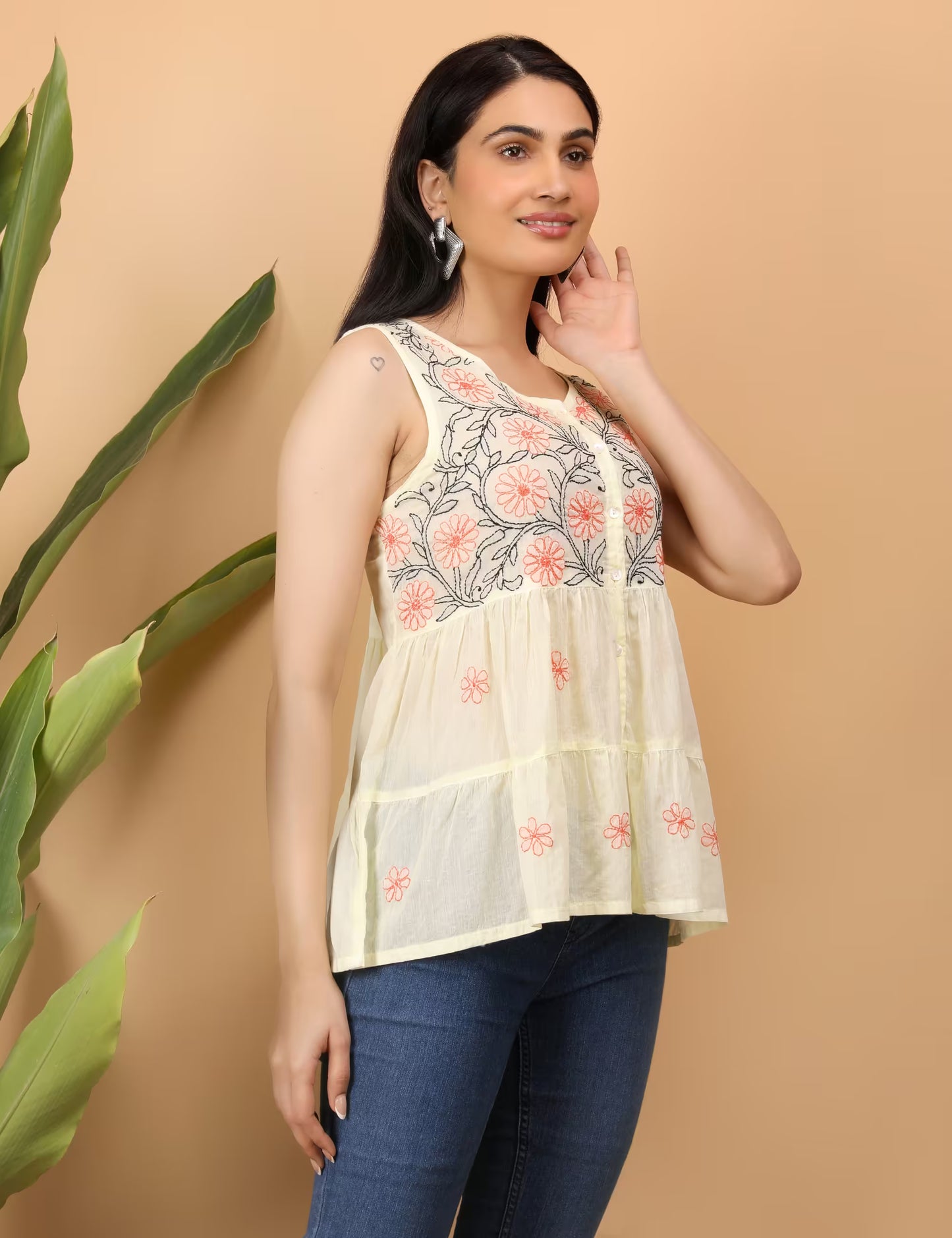 Shwet Women Yellow Chikankari Sleevless Tier Top - Shwet Artistry