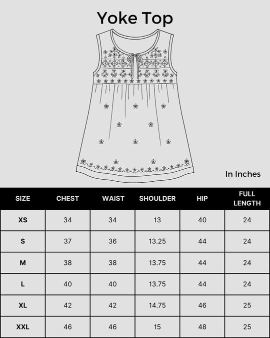 Size chart Shwet Women Yellow Chikankari Sleevless Yoke Top