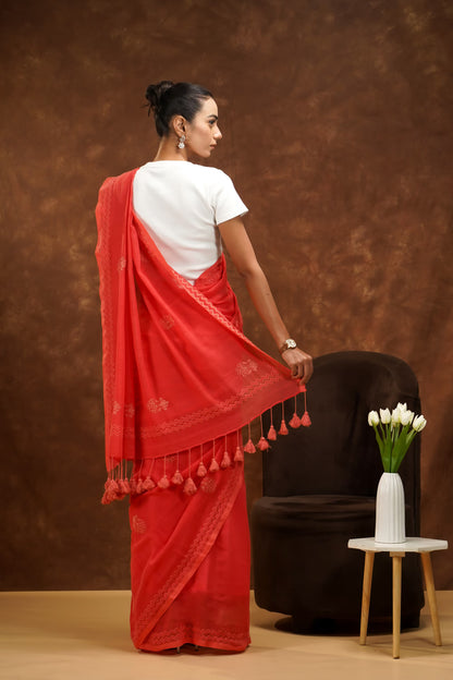 Shwet Women Coral Pink Hand Embroidered Chikankari Saree