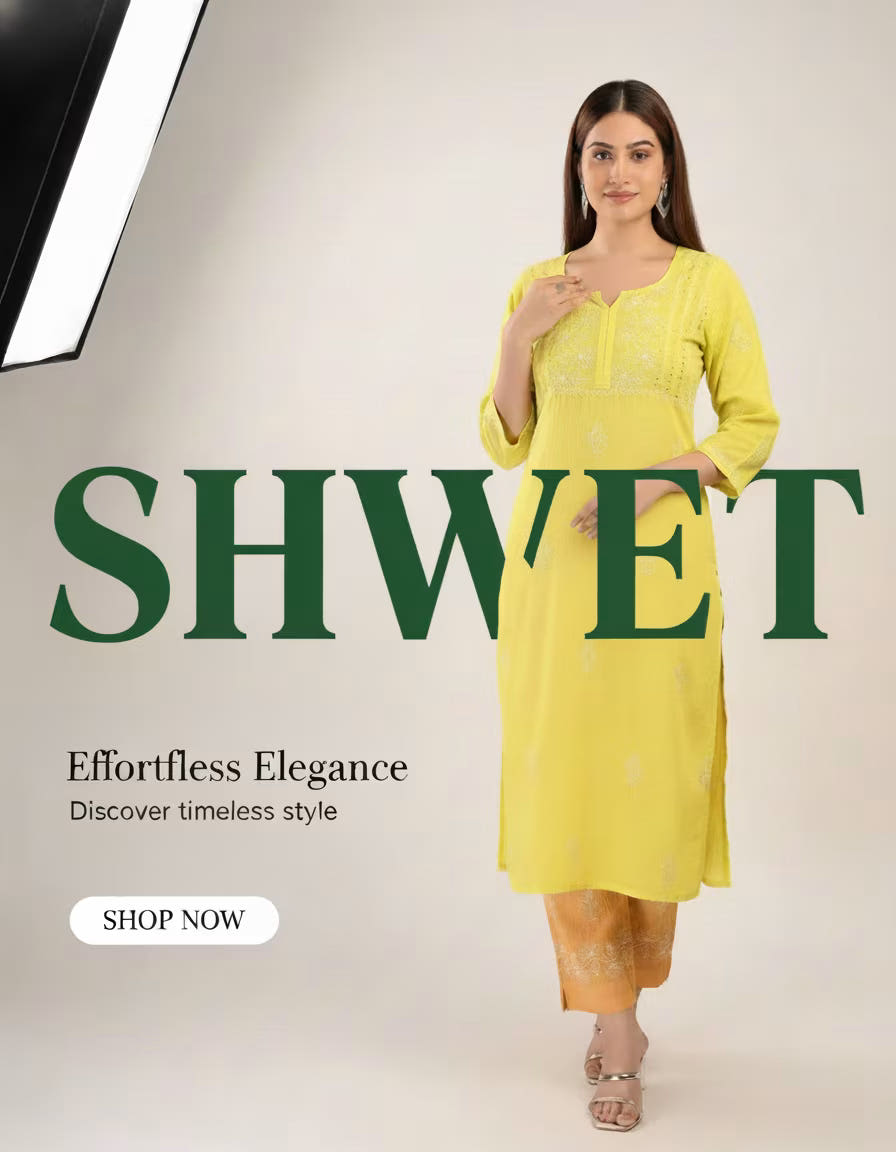 Woman in a yellow Hand embroidered chikankari kurta with text 'SHWET' and promotional message on a light background