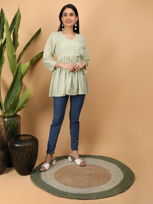 Shwet Green women chikankari angarkha top - Shwet Artistry