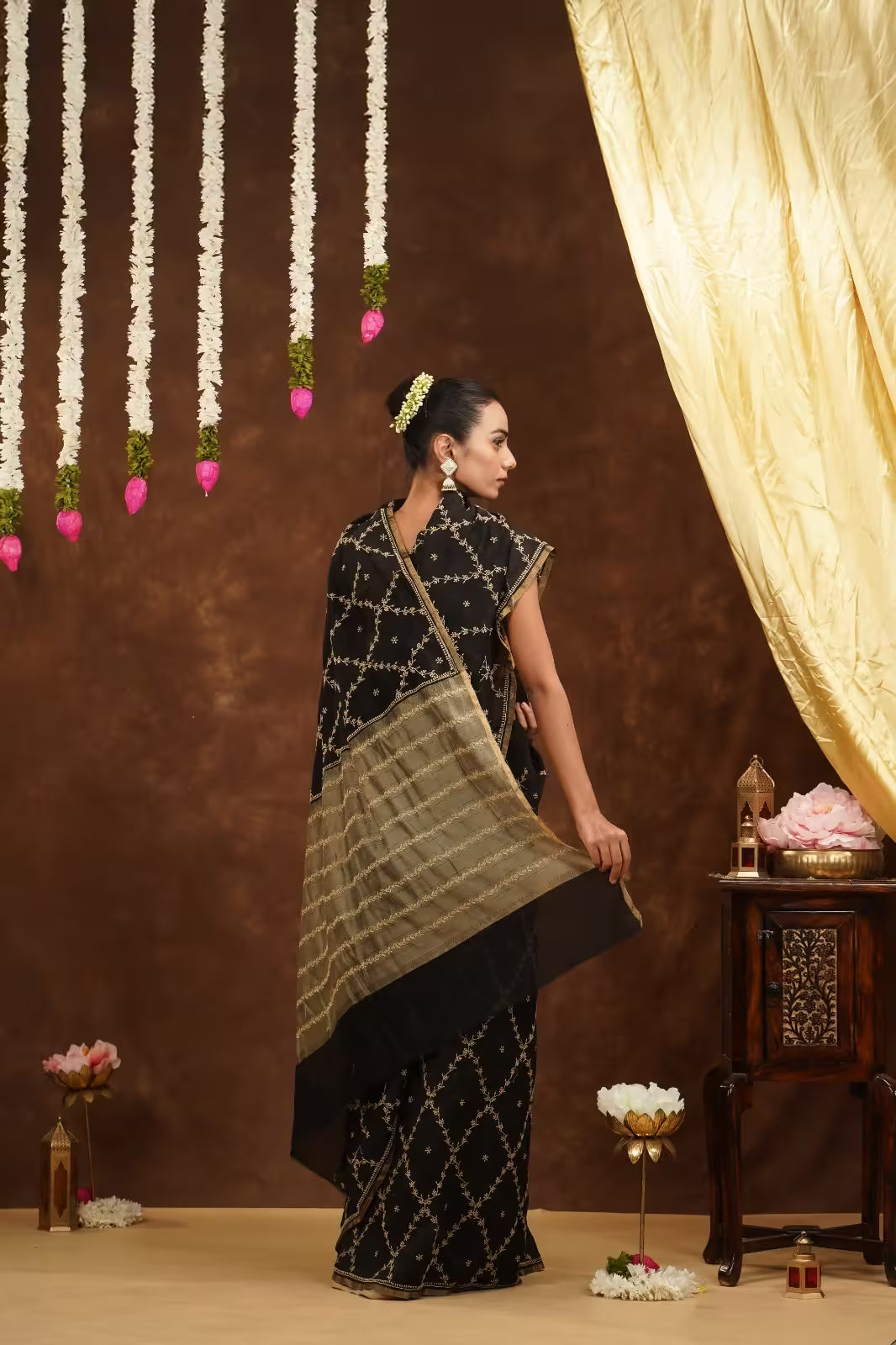 Shwet Women Hand Embroidered Black Chanderi Saree