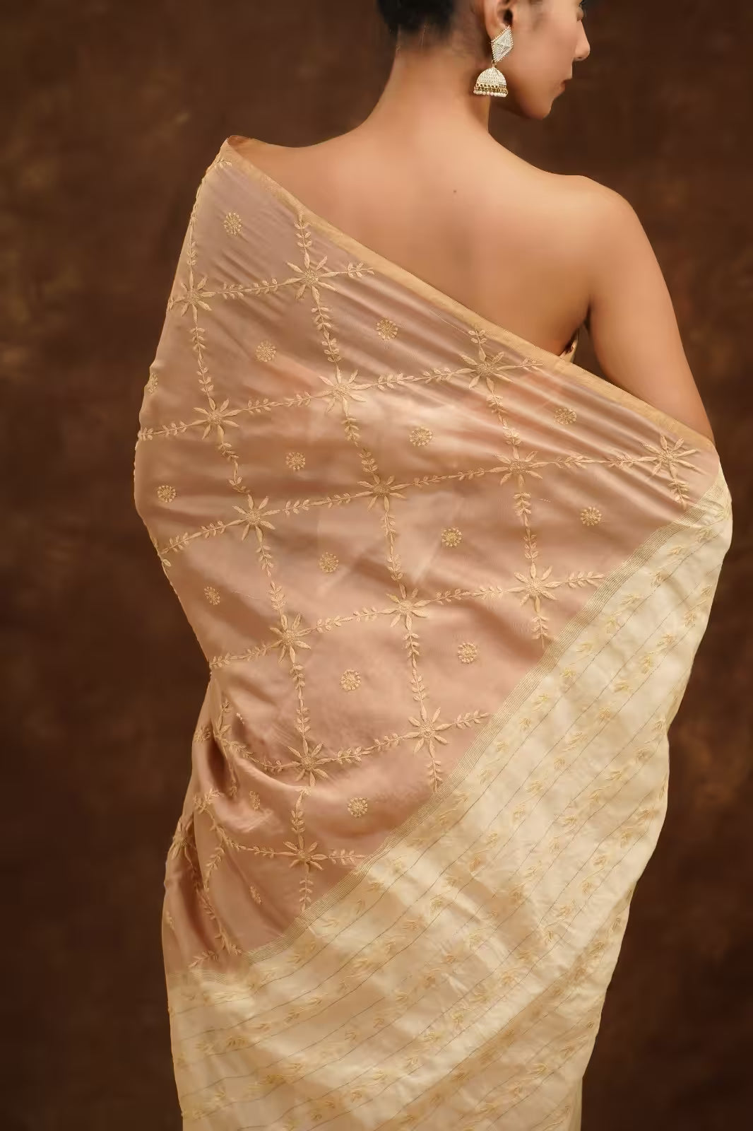 Shwet Women Hand Embroidered Beige Chikankari Saree