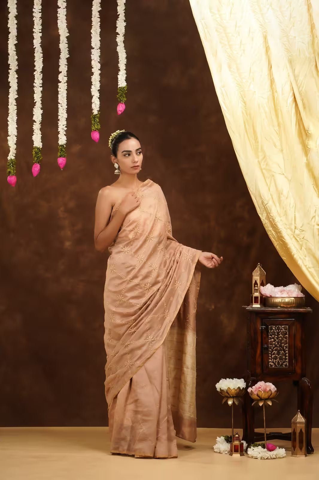 Shwet Women Hand Embroidered Beige Chikankari Saree