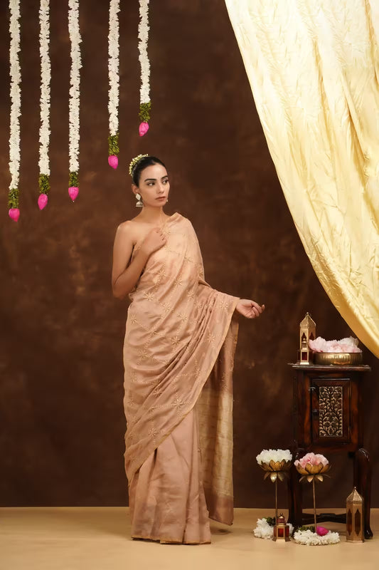 Shwet Women Hand Embroidered Beige Chikankari Saree