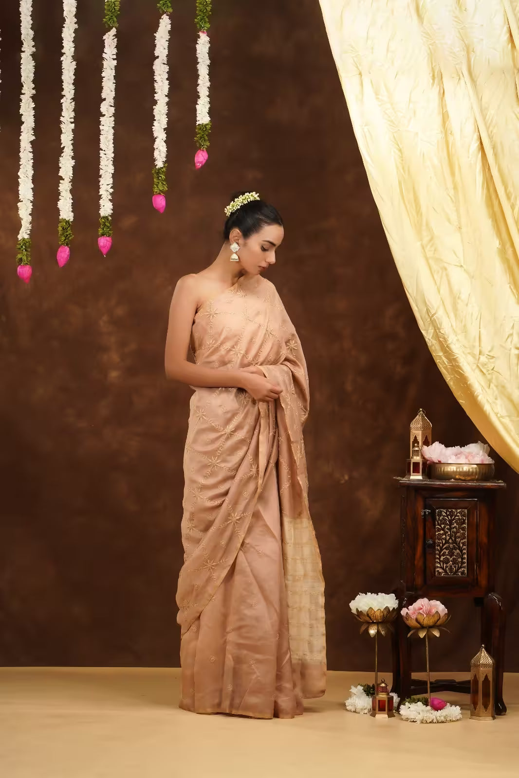 Shwet Women Hand Embroidered Beige Chikankari Saree