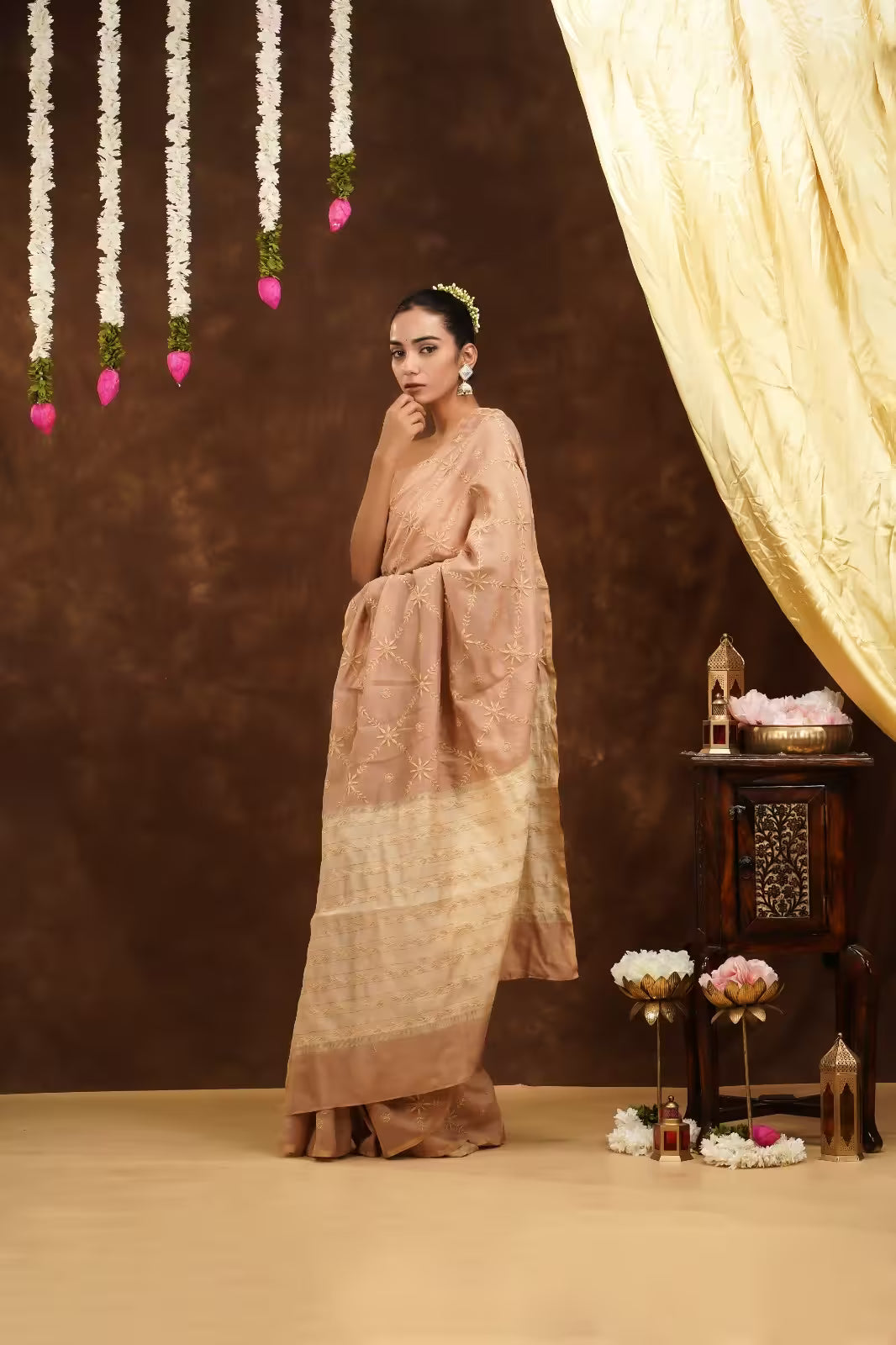 Shwet Women Hand Embroidered Beige Chikankari Saree