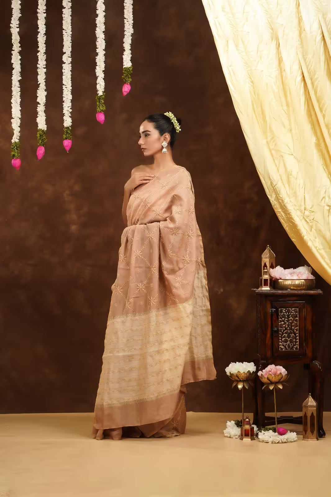 Shwet Women Hand Embroidered Beige Chikankari Saree