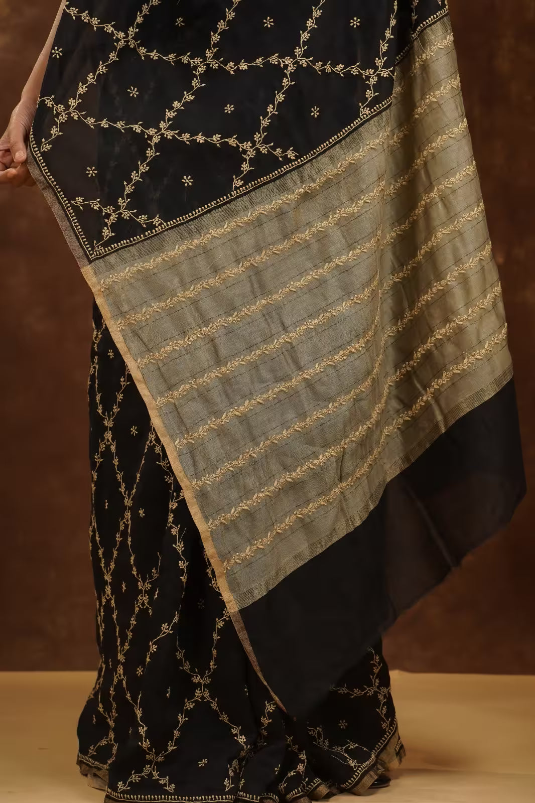 Shwet Women Hand Embroidered Black Chanderi Saree