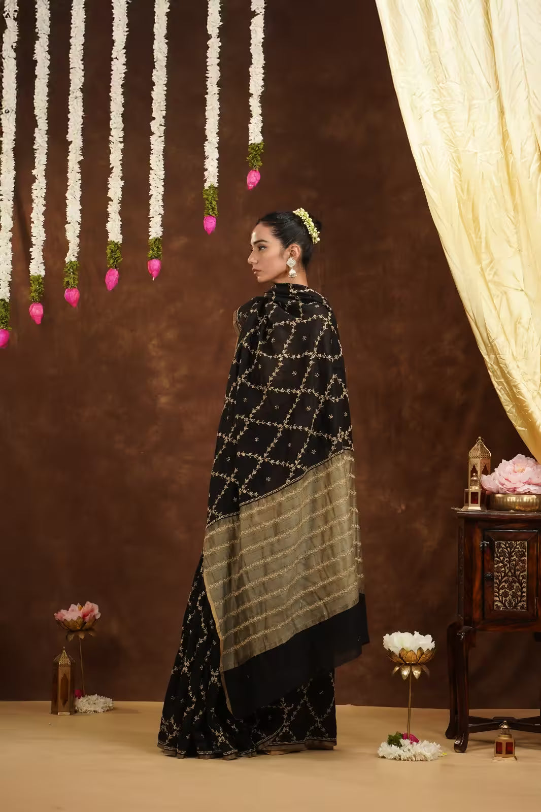 Shwet Women Hand Embroidered Black Chanderi Saree