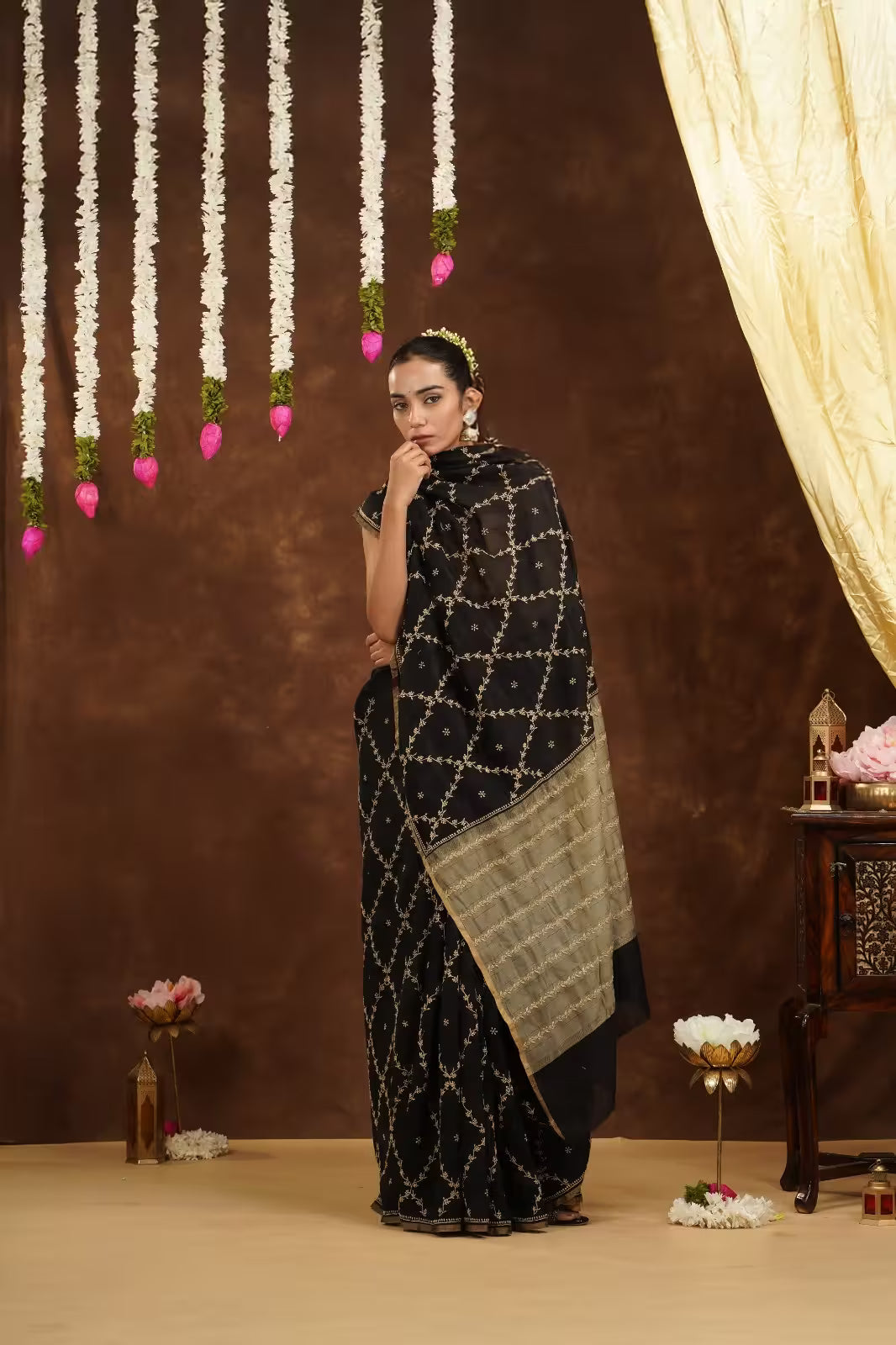 Shwet Women Hand Embroidered Black Chanderi Saree