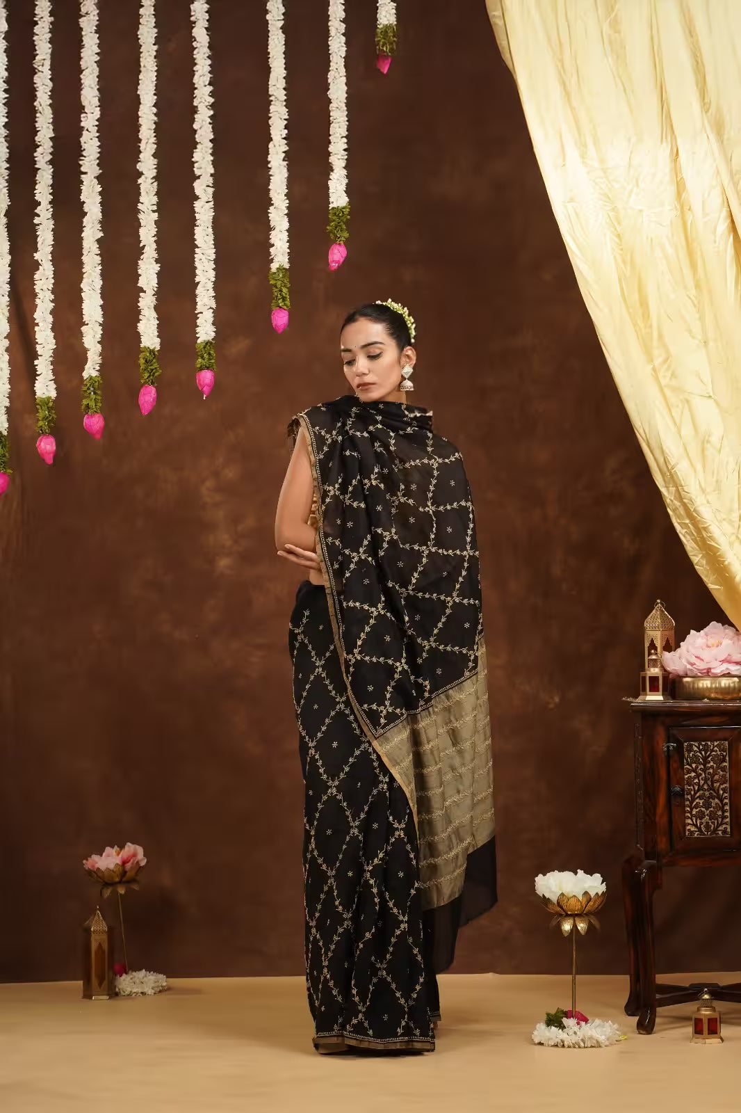 Shwet Women Hand Embroidered Black Chanderi Saree