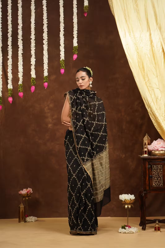 Shwet Women Hand Embroidered Black Chanderi Saree