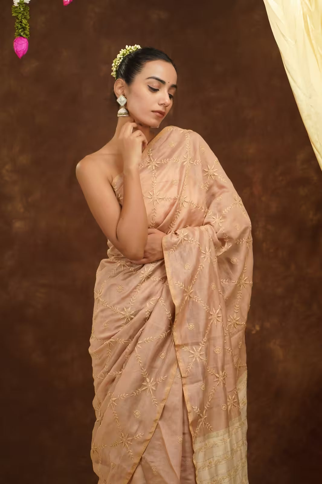 Shwet Women Hand Embroidered Beige Chikankari Saree