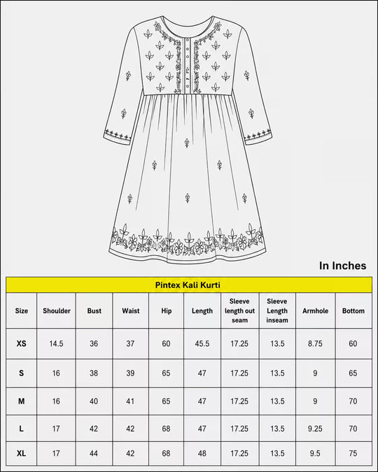 Size chart Women Hand Embroidered  Chikankari Green Pintex Kali Kurta