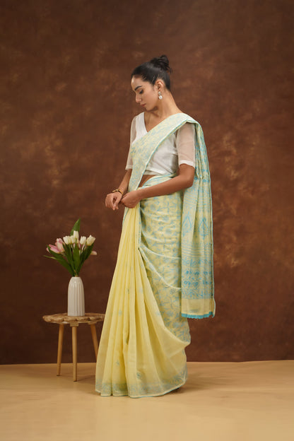 Shwet Yellow Women Hand Embroidered Chikankari Saree