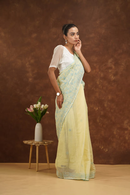 Shwet Yellow Women Hand Embroidered Chikankari Saree