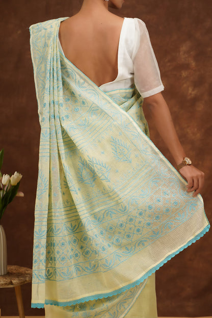 Shwet Yellow Women Hand Embroidered Chikankari Saree